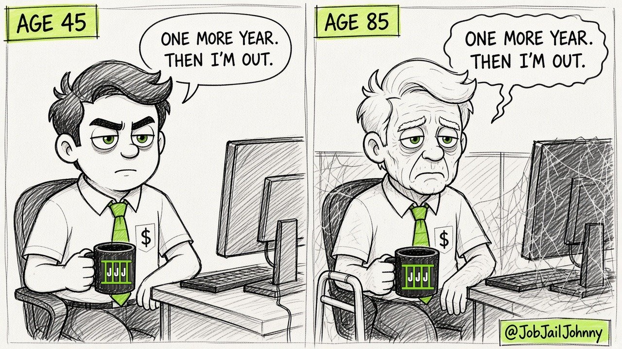Two panels. 'Age 45': Johnny at his desk with his JJJ mug says 'One more year. Then I'm out.' 'Age 85': an elderly, white-haired Johnny with a walker sits at the same cobweb-covered desk saying the exact same thing.