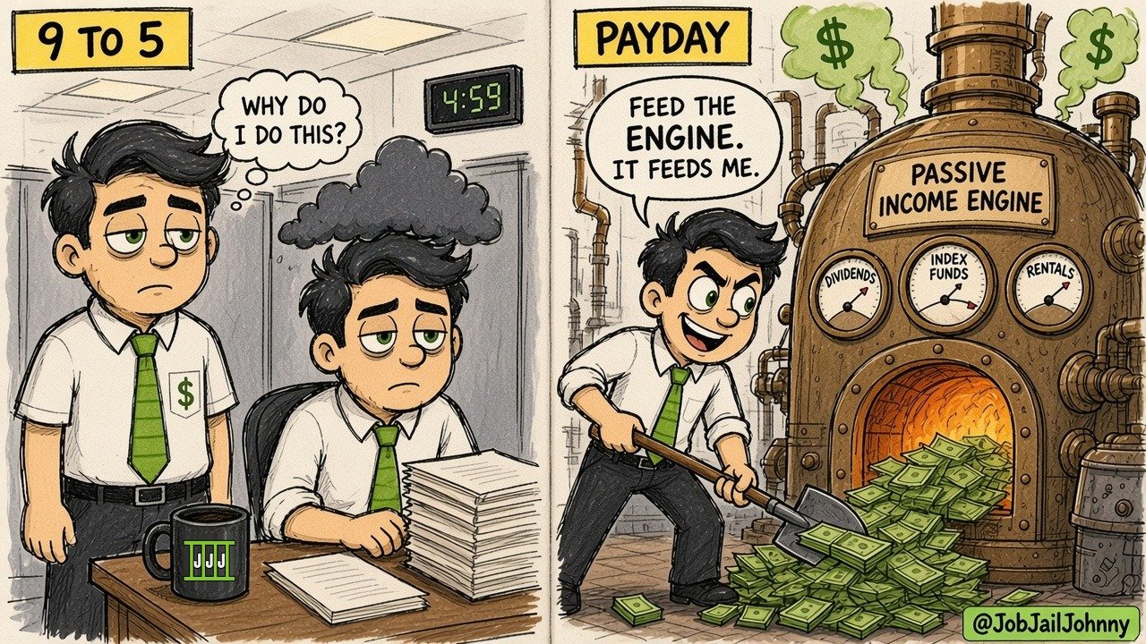 Two panels. '9 to 5': a gloomy Johnny at his desk at 4:59 thinks 'Why do I do this?' under a storm cloud. 'Payday': a grinning Johnny shovels piles of cash into a giant 'Passive Income Engine' furnace with gauges for dividends, index funds and rentals, saying 'Feed the engine. It feeds me.'