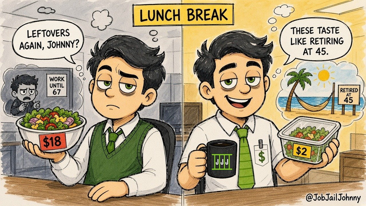 Split panel. Left: a coworker holds an $18 salad, dreaming of a 'Work until 67' sign, and asks 'Leftovers again, Johnny?' Right: a happy Johnny holds $2 leftovers and says 'These taste like retiring at 45,' dreaming of a beach hammock and a 'Retired at 45' sign.