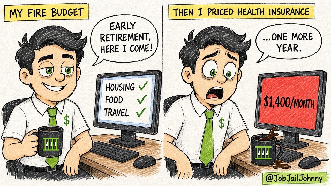 Two panels. 'My FIRE budget': a smiling Johnny checks off housing, food and travel and says 'Early retirement, here I come!' 'Then I priced health insurance': his screen shows $1,400/month in red, his coffee spills, and he gasps '...One more year.'