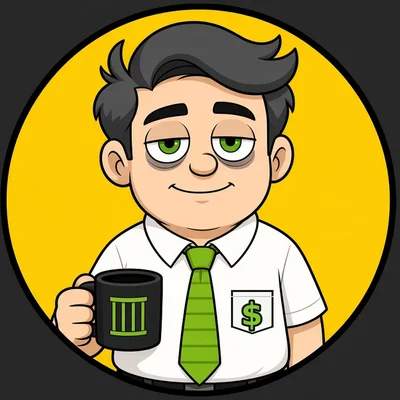 Job Jail Johnny: tired office worker with dark swoopy hair, green eyes, a white shirt with a green dollar sign on the pocket and a lime-green striped tie, holding a black JJJ coffee mug